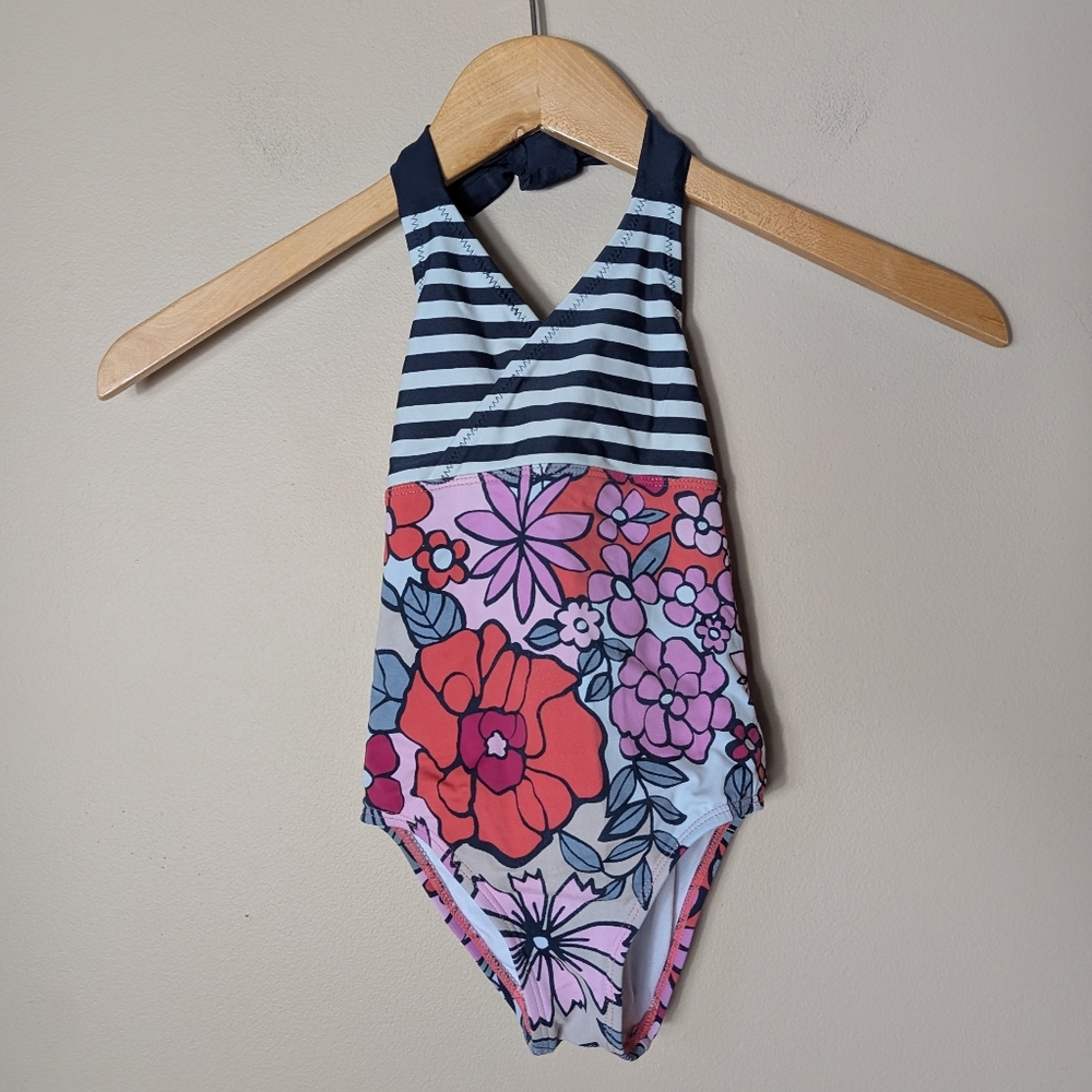 TEA COLLECTION: Stripe/Floral Print One-Piece Swimsuit Size 4